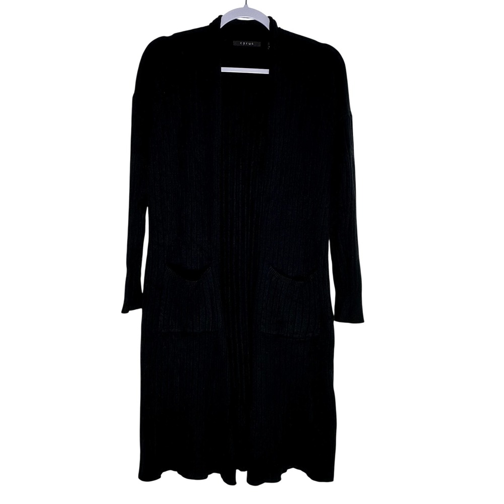 Cyrus Womens Black Ribbed Longline Open Front Duster Cardigan Sweater Size Small